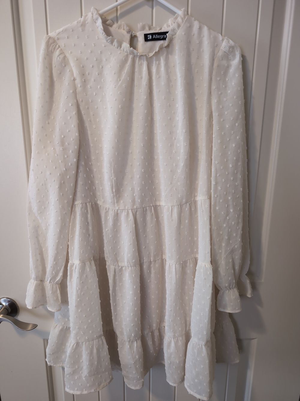 Allegra K Cream Swiss Dot Tiered Long-Sleeve Dress